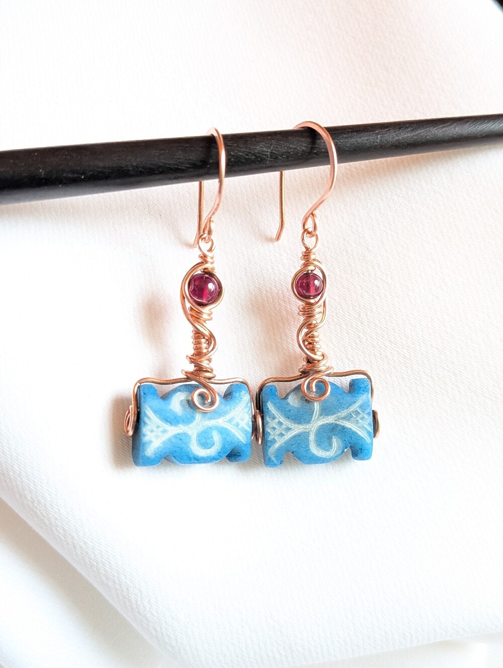 Viking Inspired Earrings Carved Vintage Glass And Garnets In Copper - Picture 13 of 16